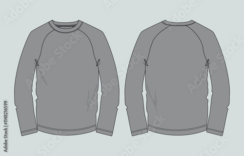 Raglan Long sleeve Grey color T shirt vector illustration template front and back views