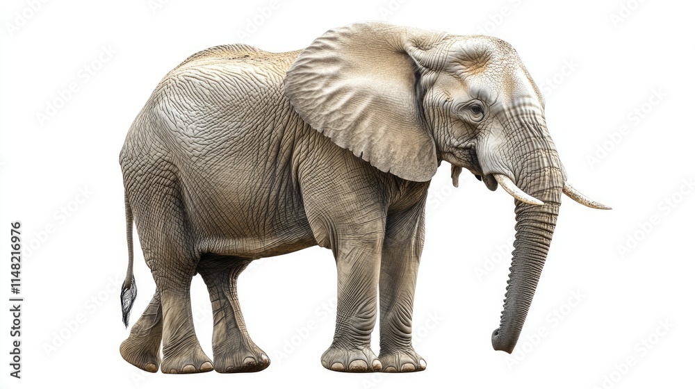 Fototapeta premium Majestic African Elephant Standing Proud Against a White Background Showcasing Its Unique Features and Graceful Posture in a Nature-Inspired Setting