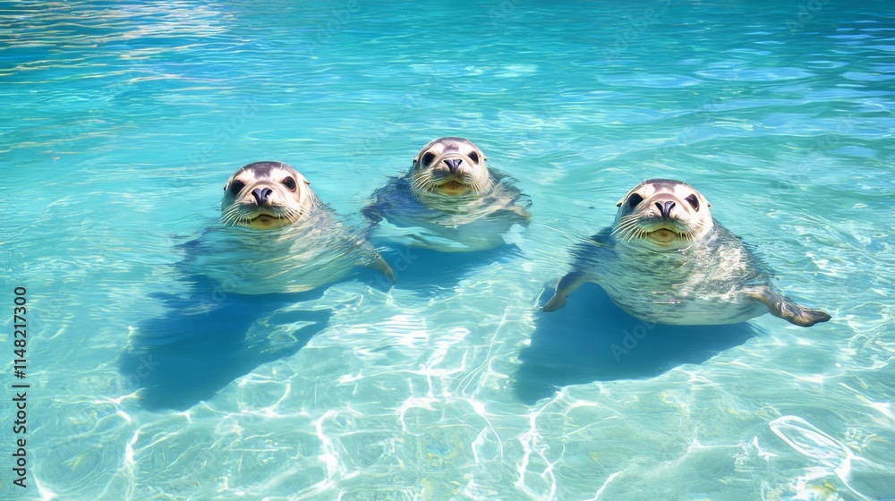 Fototapeta premium Three Happy Seals Swimming in Turquoise Water
