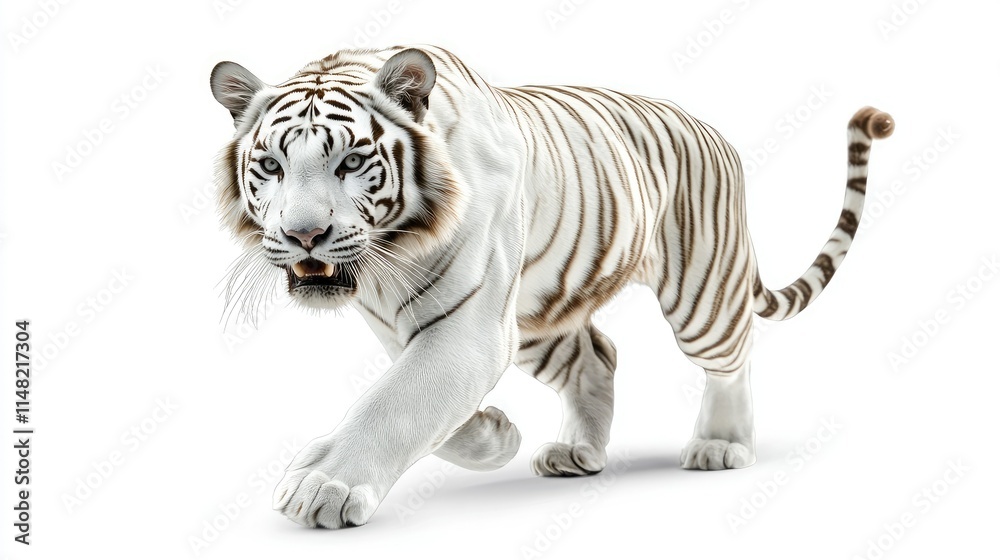 Obraz premium Majestic White Tiger Walking Gracefully in a Studio Setting with Bright Background, Capturing Its Unique Stripes and Powerful Presence in Stunning Detail