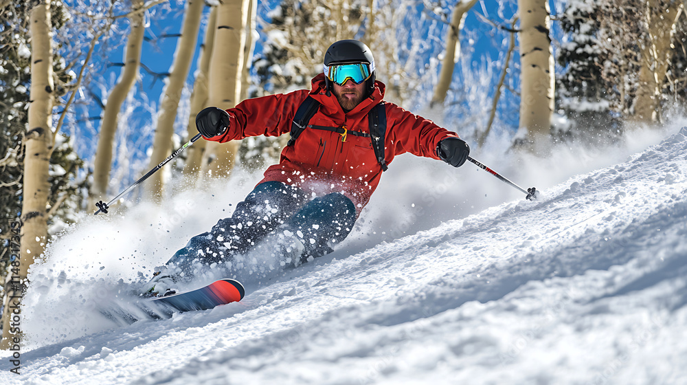  A skier carving down a steep slope, leaving a trail of powder snow in their wake4