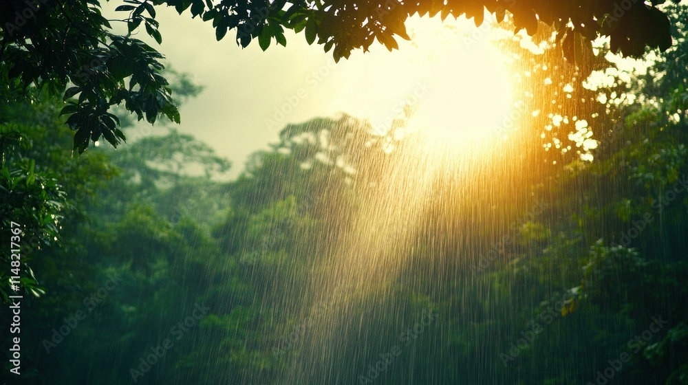 Golden rays pierce through rain-soaked leaves, illuminating a lush, vibrant rainforest bathed in the warm glow of a setting sun. A mesmerizing spectacle of nature's beauty. Golden rays pierce through rain-soaked leaves, illuminating a lush, vibrant rainforest bathed in the warm glow of a setting sun. A mesmerizing spectacle of nature's beauty.