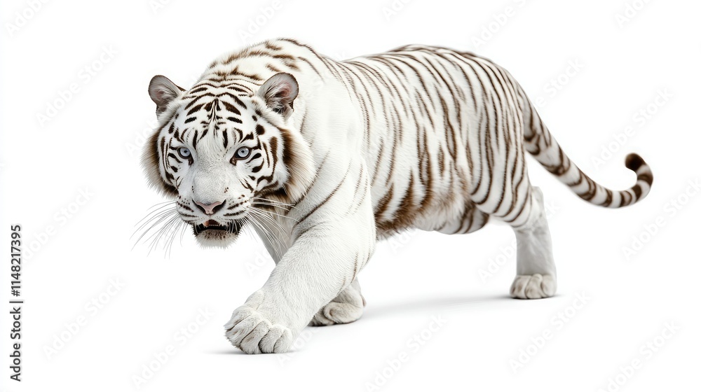 Majestic White Tiger Walking Gracefully on White Background, Showcasing Its Unique Stripes and Intense Gaze, Symbolizing Beauty and Strength in Wildlife Photography Majestic White Tiger Walking Gracefully on White Background, Showcasing Its Unique Stripes and Intense Gaze, Symbolizing Beauty and Strength in Wildlife Photography
