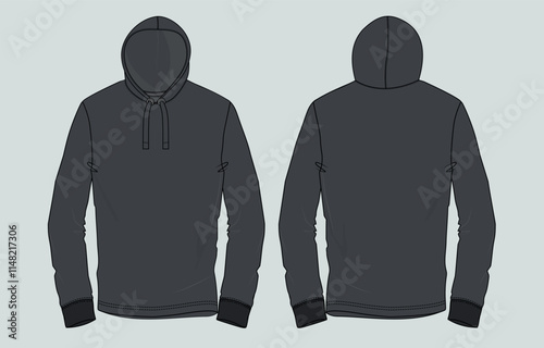 Long sleeve black Color  Hoodie vector illustration template front and back views