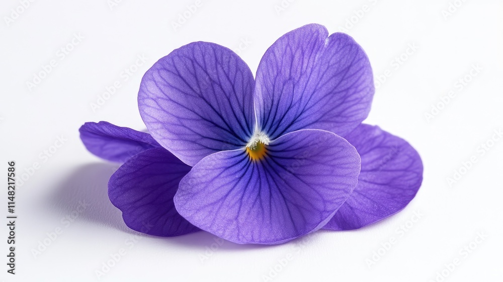 Obraz premium Delicate Purple Violet Flower Isolated on a Soft White Background, Highlighting Its Intricate Petal Structure and Vibrant Color Details for Nature Lovers and Floral Enthusiasts