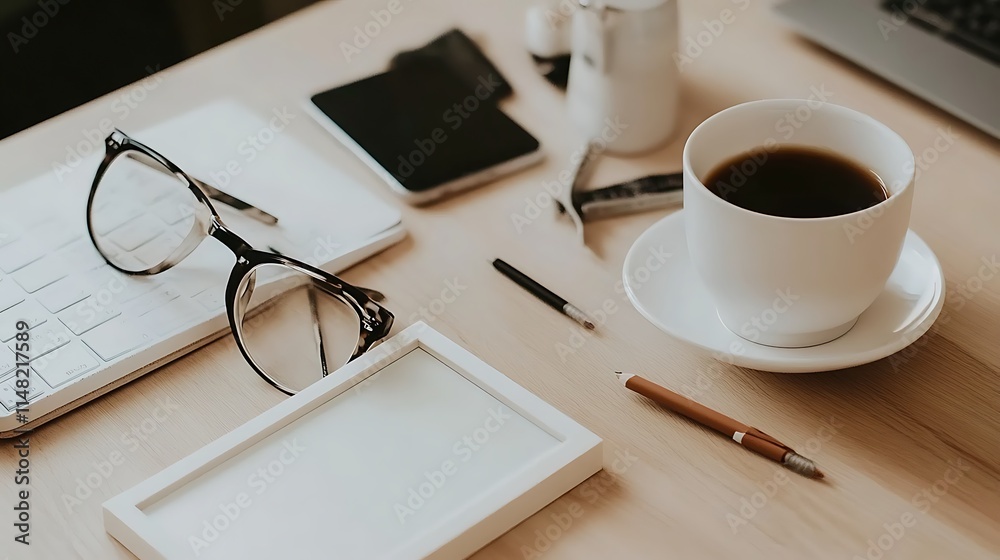 Desk with tech, coffee. Desk with tech, coffee.