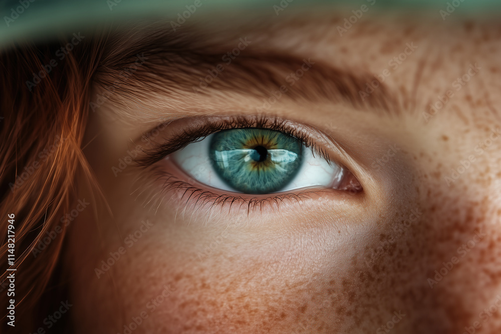 Obraz premium Close-up of the blue and green eye. A girl's face with freckles. The focus is on her eyes, which have an emphasis on their color and texture.