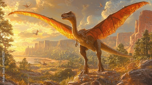 Fototapeta Naklejka Na Ścianę i Meble -  Majestic winged dinosaur overlooking a breathtaking prehistoric landscape at sunset.  Other dinosaurs soar in the sky.