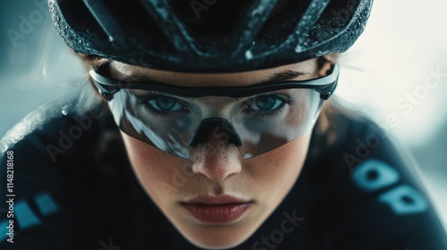 Determined Female Cyclist Intense Closeup Portrait Helmet Goggles photo