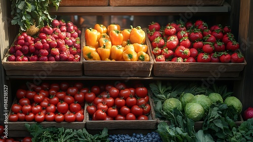 Fresh Produce Displayed In Wooden Crates At Market photo