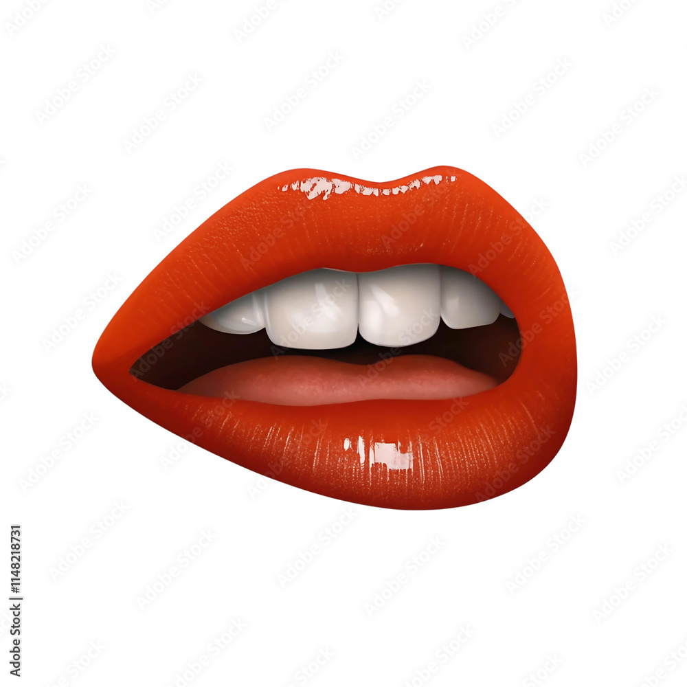 Close-up of vibrant orange-red lipstick on a woman's lips.