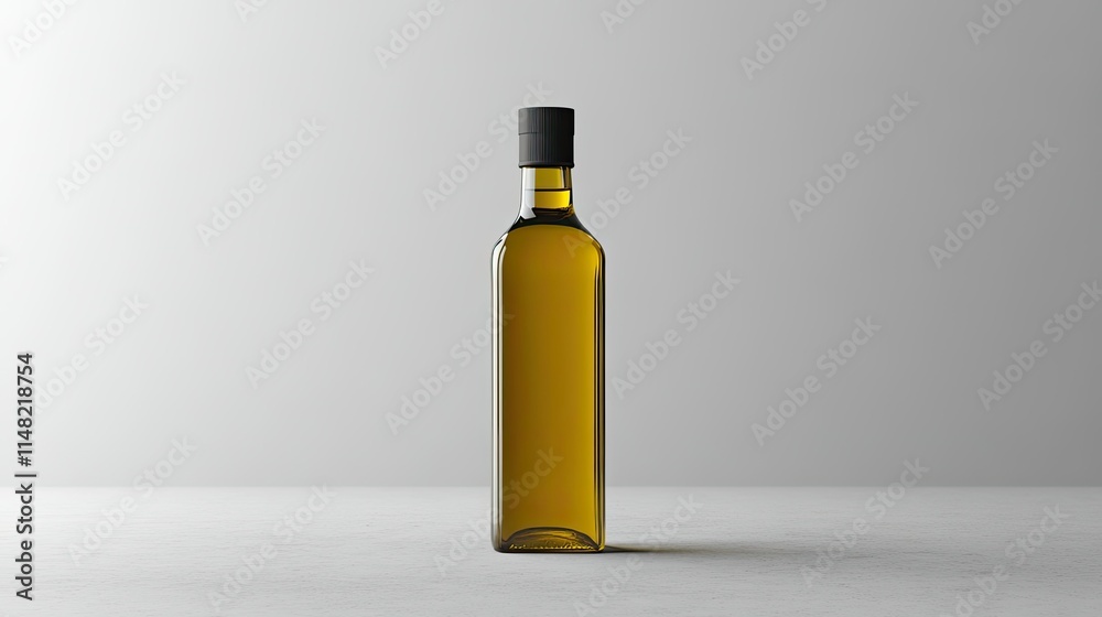 Transparent Glass Bottle of Olive Oil Standing on Light Surface Against Soft Neutral Background for Culinary and Food Photography Transparent Glass Bottle of Olive Oil Standing on Light Surface Against Soft Neutral Background for Culinary and Food Photography