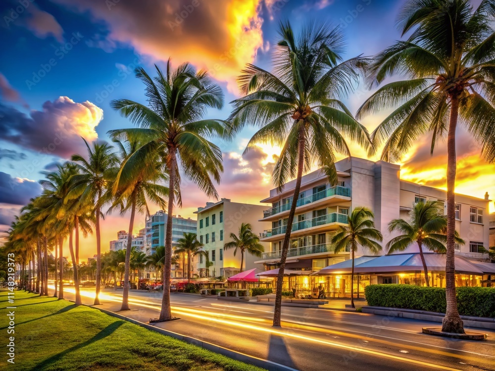 Miami South Beach: Long Exposure Ocean Drive Palms & Vibrant Beachfront Miami South Beach: Long Exposure Ocean Drive Palms & Vibrant Beachfront