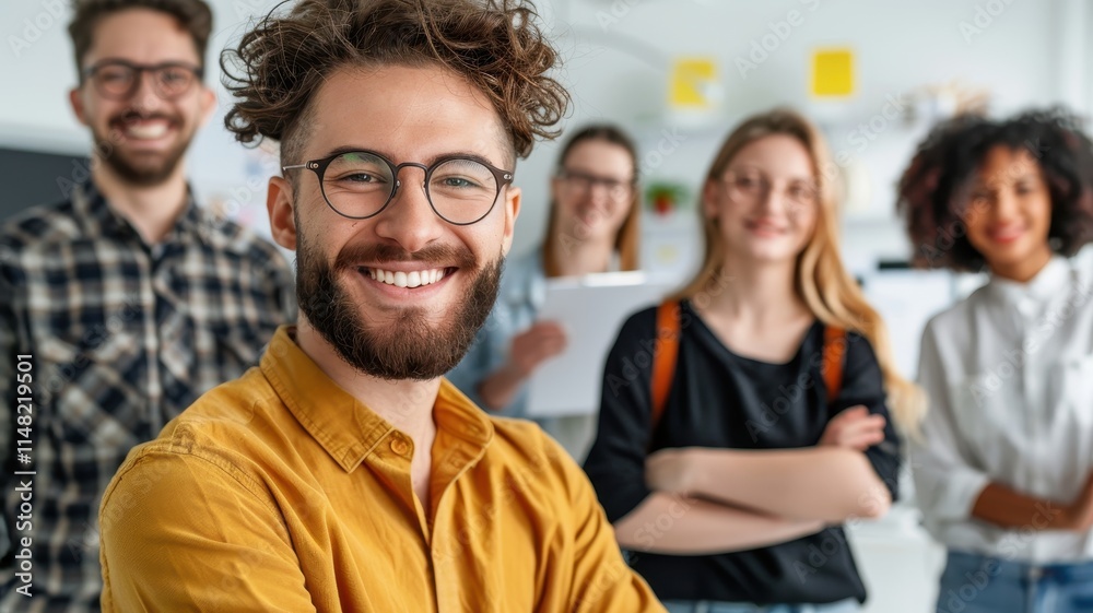 A group of smiling young professionals standing together in a bright office environment, showcasing teamwork and collaboration. A group of smiling young professionals standing together in a bright office environment, showcasing teamwork and collaboration.