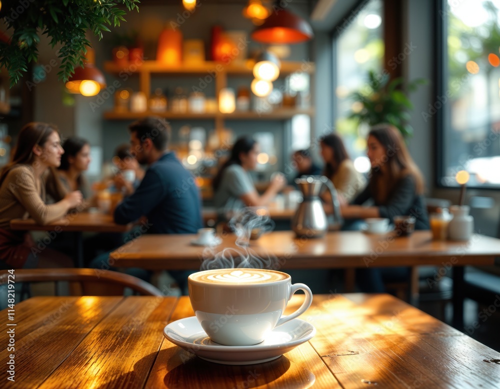 Steaming cup of latte with intricate latte art placed on a wooden table in a cozy café with blurred background of people enjoying conversations and warm ambient lighting.
Steaming cup of latte with intricate latte art placed on a wooden table in a cozy café with blurred background of people enjoying conversations and warm ambient lighting.