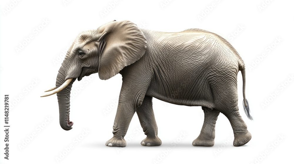 Realistic 3D Illustration of an Elephant Walking on a Plain Background with Detailed Skin Texture and Majestic Tusks, Symbol of Wildlife Conservation and Biodiversity Realistic 3D Illustration of an Elephant Walking on a Plain Background with Detailed Skin Texture and Majestic Tusks, Symbol of Wildlife Conservation and Biodiversity