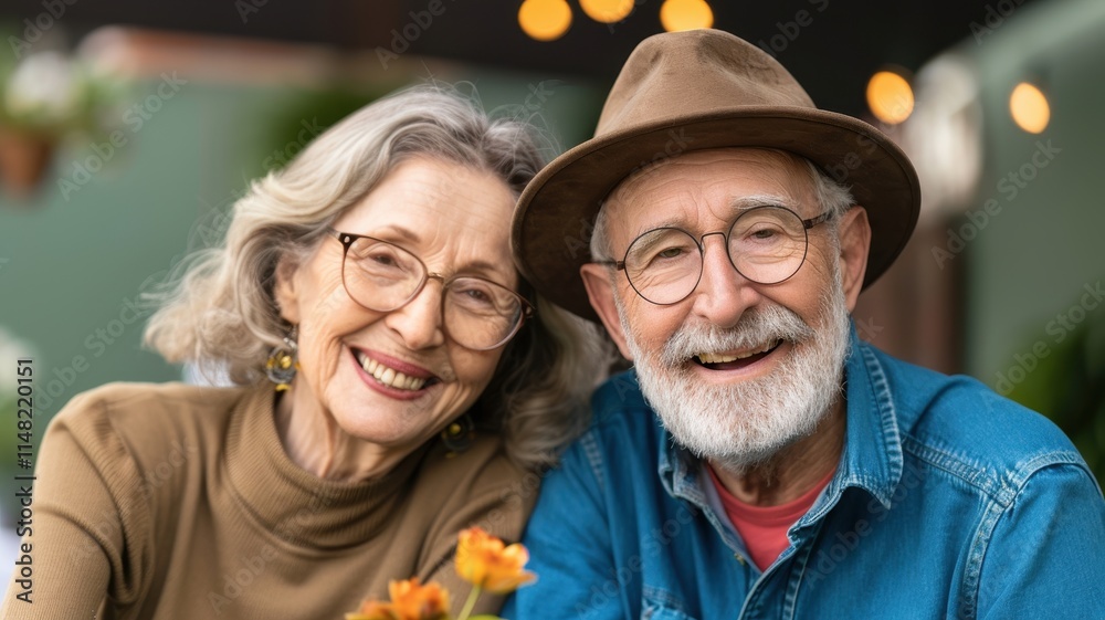 A joyful elderly couple smiles warmly at the camera, showcasing their love and contentment while surrounded by soft lights and flowers. A joyful elderly couple smiles warmly at the camera, showcasing their love and contentment while surrounded by soft lights and flowers.