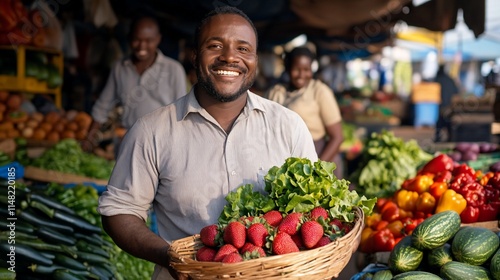 Happy farmer holding basket of fresh strawberries and lettuce at a vibrant market.