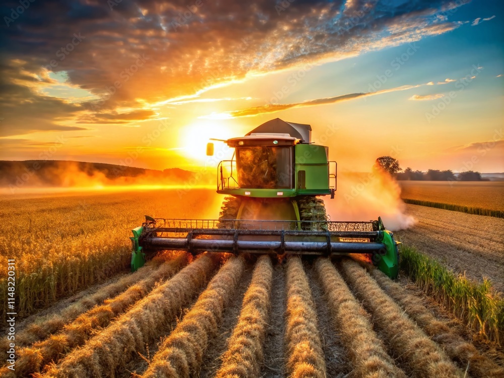 Fototapeta premium Midwest Soybean Harvest: Farmer Combining at Sunset - Rule of Thirds Photography