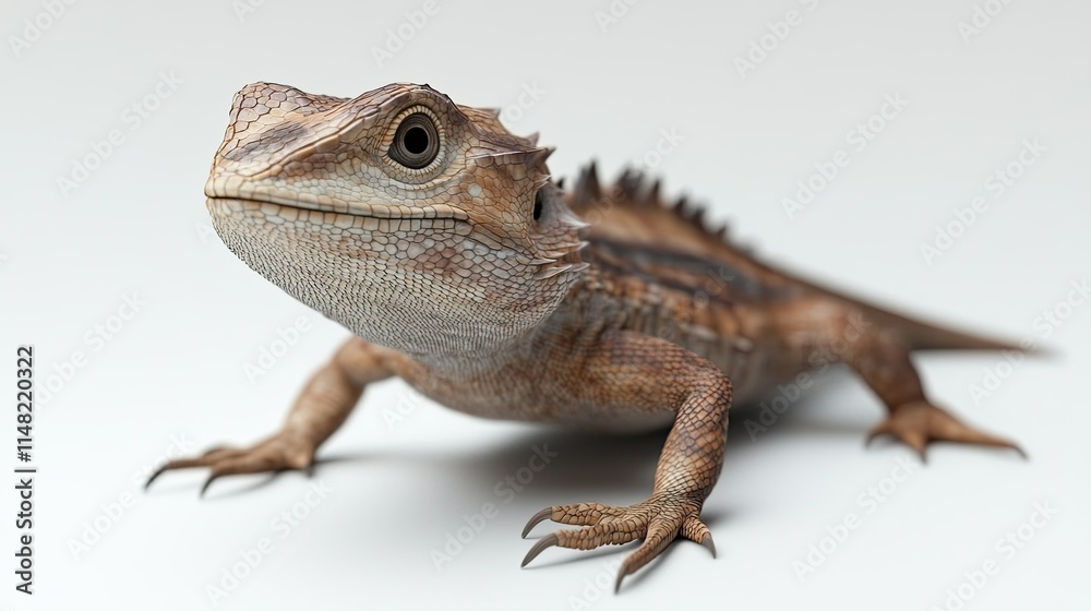 Obraz premium Close-up of a detailed and vibrant lizard showcasing unique textures and colors on a light background, perfect for nature and wildlife photography enthusiasts