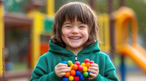 Happy Child Playing Colorful Ball Toy at Playground