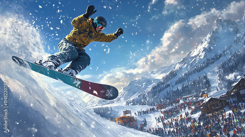  A snowboarder catching air during a freestyle competition, surrounded by a snowy crowd (1) photo