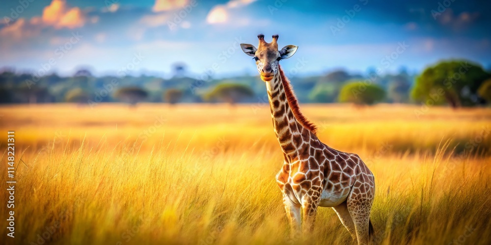 Fototapeta premium Miniature Giraffe, Tilt-Shift Photography, African Safari, Wildlife, Animal Photography, Cute Giraffe, Long Neck, Savannah, Grassland, Wild Animals, Adorable Giraffe