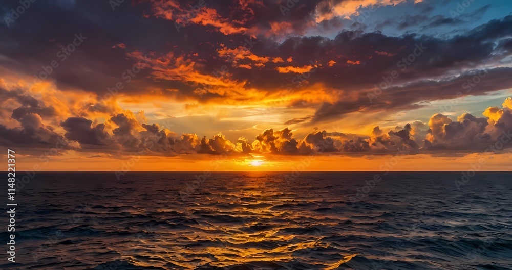 A dramatic sunset casting vibrant colors across the ocean horizon A dramatic sunset casting vibrant colors across the ocean horizon