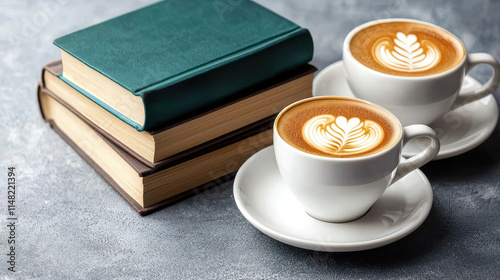 Books and Friends should be few but good Concept, Small Stack of Beautifully Bound Books Beside Two Cups of Coffee on a Textured Surface