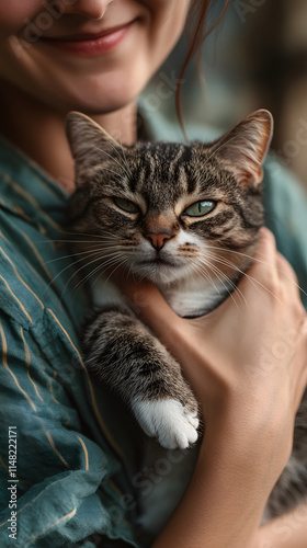 young Woman cuddling with cat, closeup of a female cuddle with a kitty