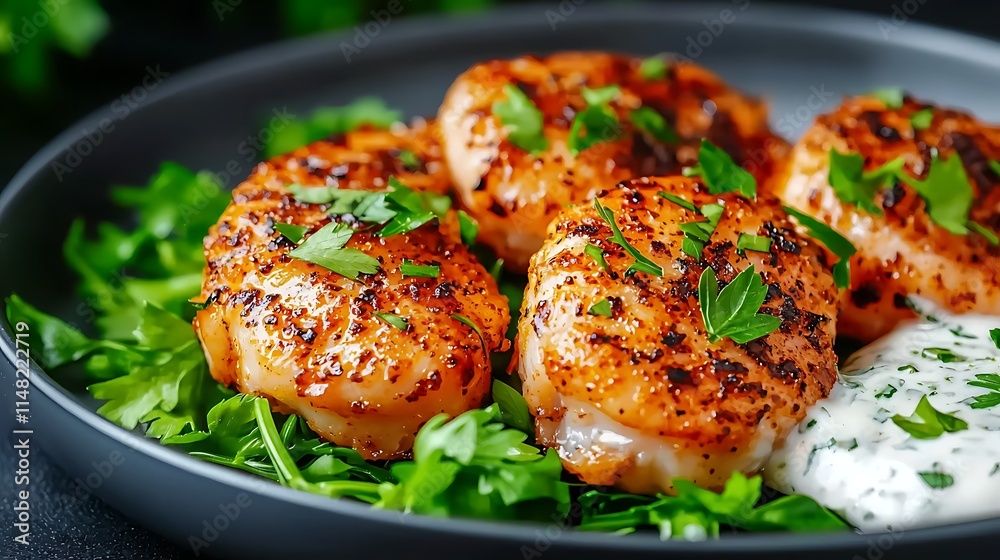 Seared Scallops with Parsley and Creamy Sauce on Plate Seared Scallops with Parsley and Creamy Sauce on Plate