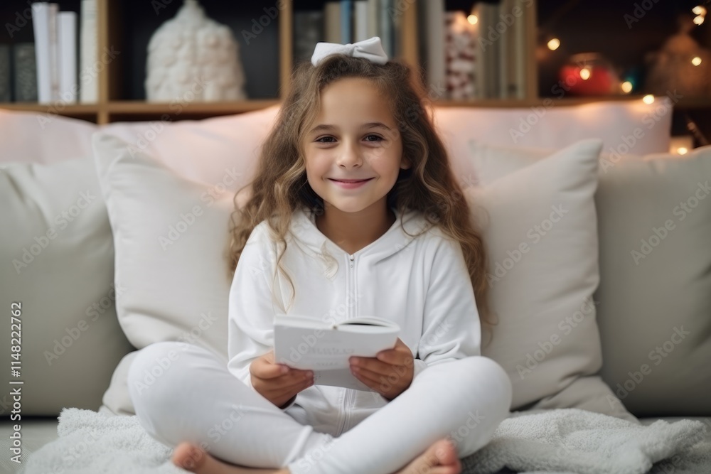 Portrait of cute little girl in pajamas reading book at home Portrait of cute little girl in pajamas reading book at home