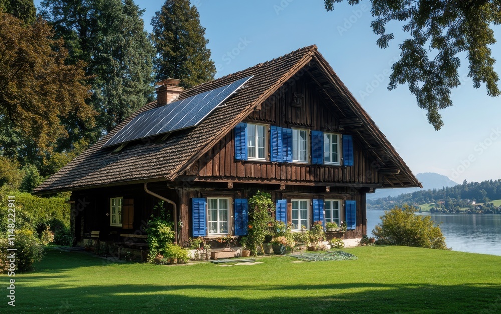 An old house in traditional German architectural style, featuring dark brown wood with blue shutters on the windows and roof, solar panels on the gable wall for energy harnessing An old house in traditional German architectural style, featuring dark brown wood with blue shutters on the windows and roof, solar panels on the gable wall for energy harnessing