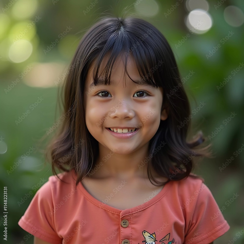 A young girl from Thailand enjoys the outdoors, flashing a bright smile while surrounded by lush greenery on a sunny day. Her joyful expression captures the essence of childhood bliss. Generative AI A young girl from Thailand enjoys the outdoors, flashing a bright smile while surrounded by lush greenery on a sunny day. Her joyful expression captures the essence of childhood bliss. Generative AI