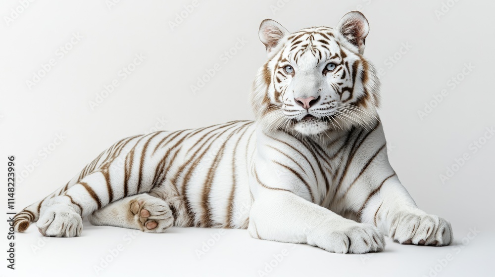 Majestic White Tiger Laying Gracefully Against a Plain Background Showcasing Its Striking White Fur and Unique Blue Eyes, Emanating Power and Elegance Majestic White Tiger Laying Gracefully Against a Plain Background Showcasing Its Striking White Fur and Unique Blue Eyes, Emanating Power and Elegance