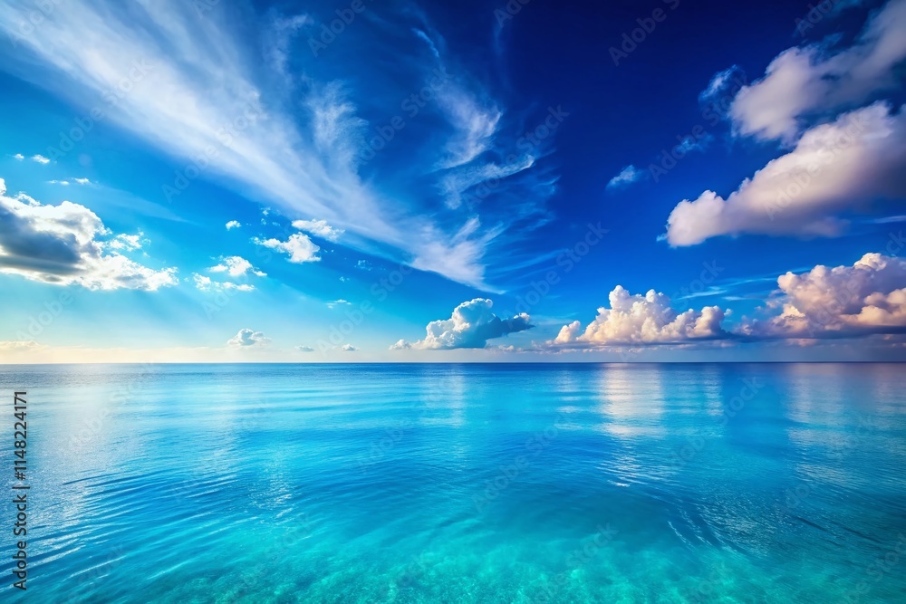 Obraz premium Minimalist Blue Sea Sun Sky Photography: Ocean Sunset, Seascape, Summer Beach, Coastal Scene, Blue Horizon