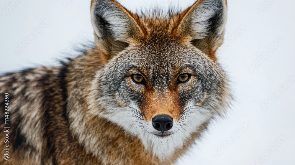 Obraz premium Close-Up Portrait of a Coyote Displaying Intriguing Features and Intensity in Its Gaze Against a Soft, Blurred Background of Natural Habitat