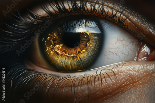 Close-up of an eye, with the iris glowing like gold photo