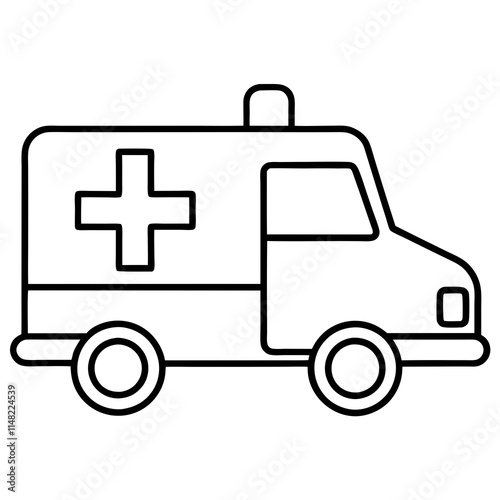 Ambulance line art vector illustration for kids coloring page.