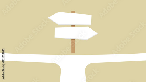 A signpost with two blank arrows pointing in opposite directions, positioned at a fork in the road on a beige background