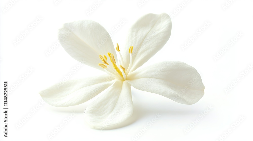 Delicate White Flower Isolated on White Background Showcasing Soft Petals and Bright Yellow Stamen for Inspirational Floral Design and Nature Imagery Delicate White Flower Isolated on White Background Showcasing Soft Petals and Bright Yellow Stamen for Inspirational Floral Design and Nature Imagery