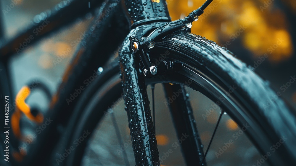 Fototapeta premium Rainy Day Bicycle Wheel Closeup Water Droplets, Brake, Spoke, Tire