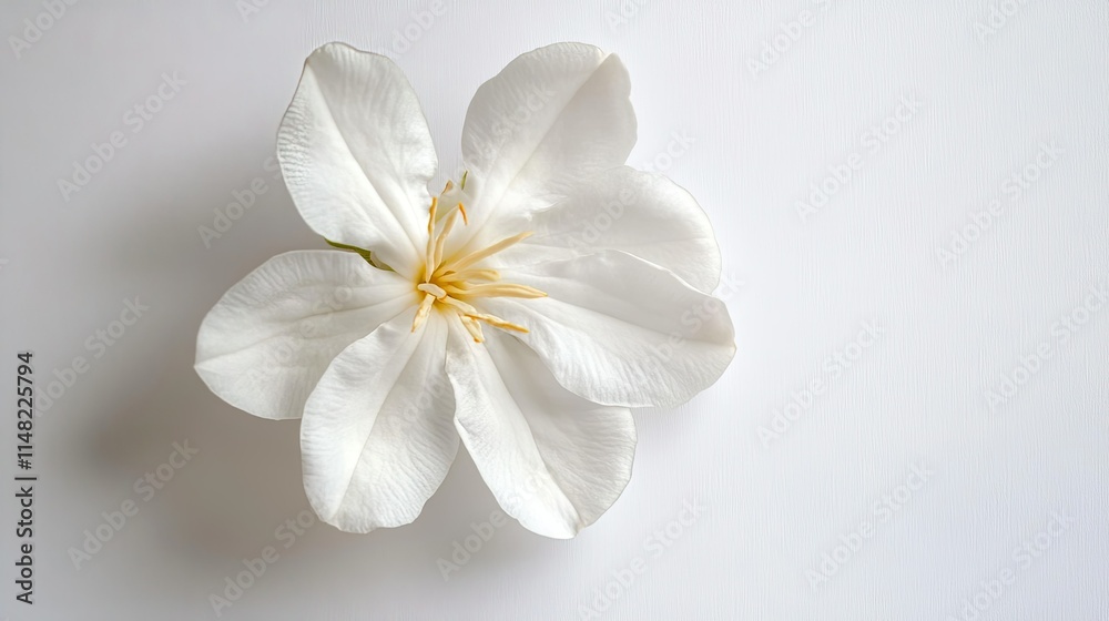 Delicate White Flower on Simple Background, Showcasing Elegant Petals and Vibrant Yellow Stamen, Ideal for Nature Themes or Minimalistic Designs Delicate White Flower on Simple Background, Showcasing Elegant Petals and Vibrant Yellow Stamen, Ideal for Nature Themes or Minimalistic Designs