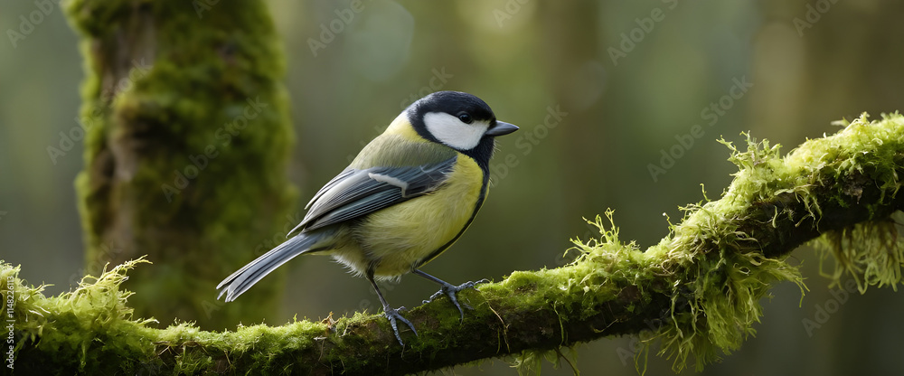 Great Tit Perched Gracefully on a Leafy Branch in Natural Surroundings. Great Tit Perched Gracefully on a Leafy Branch in Natural Surroundings.