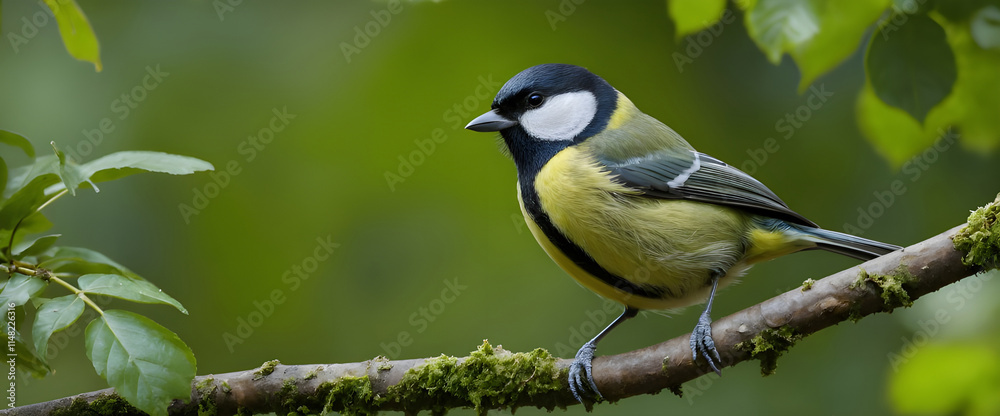 Great Tit Perched Gracefully on a Leafy Branch in Natural Surroundings. Great Tit Perched Gracefully on a Leafy Branch in Natural Surroundings.