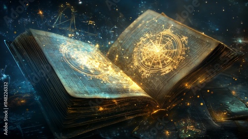 Glowing diagram of a natal chart and an open magic book photo