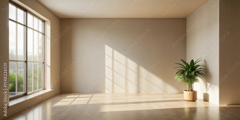 Sunlit Empty Room with Large Window and Potted Plant Sunlit Empty Room with Large Window and Potted Plant