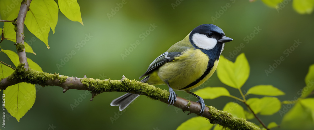 Great Tit Perched Gracefully on a Leafy Branch in Natural Surroundings. Great Tit Perched Gracefully on a Leafy Branch in Natural Surroundings.