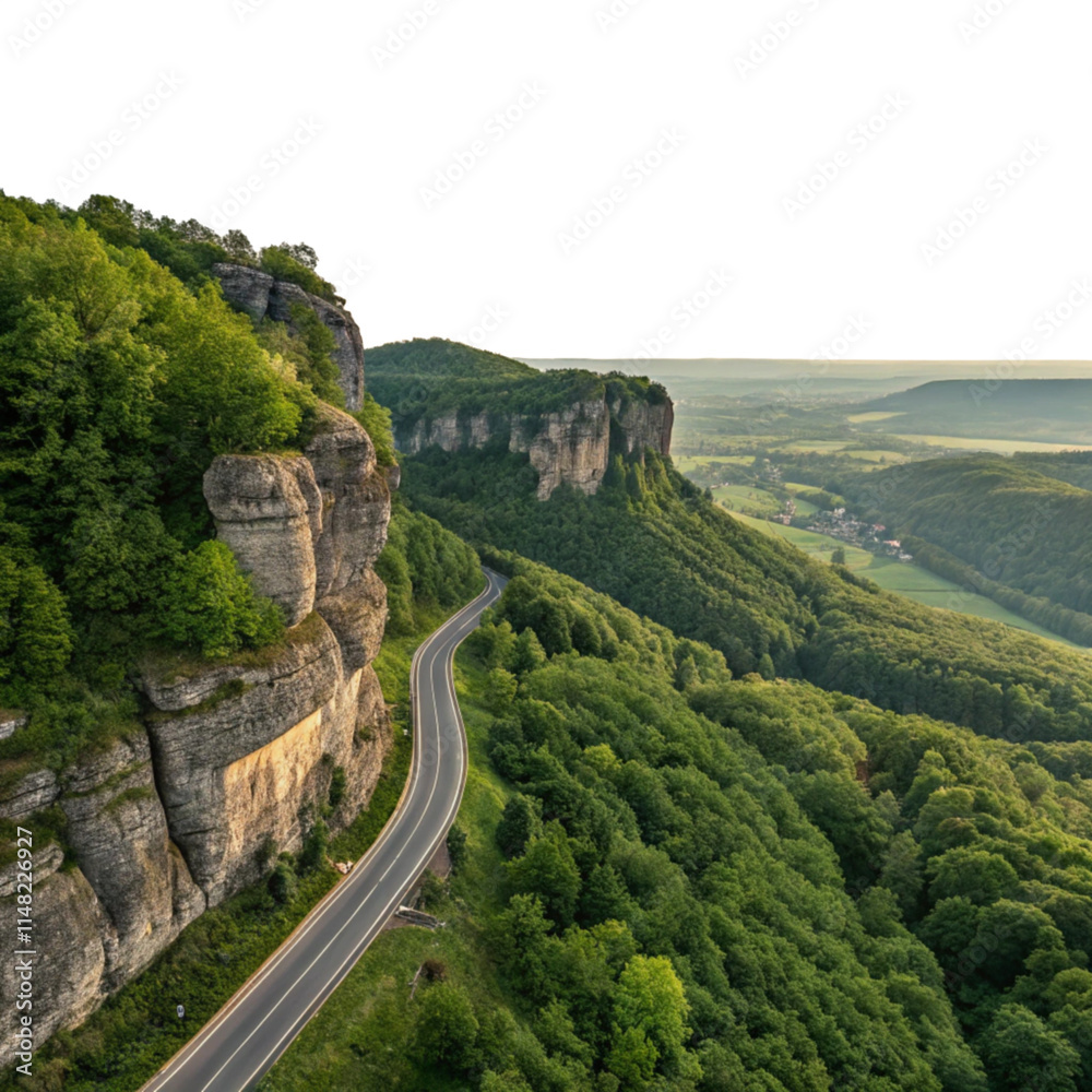 Obraz premium Scenic Cliffside Road Amidst Lush Green Forests.