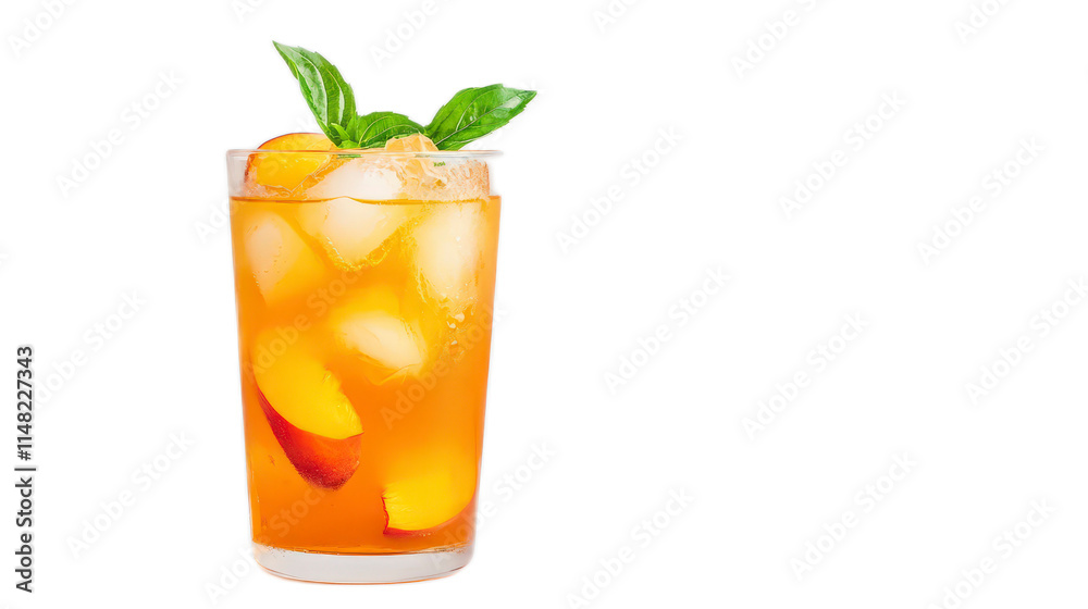 Refreshing Peach Basil Cocktail with Ice in a Stylish Glass Refreshing Peach Basil Cocktail with Ice in a Stylish Glass